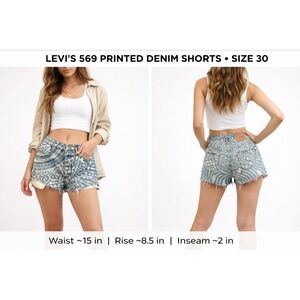 Levi's 569 Printed Denim Shorts Size 30 Blue White Mandala Boho Festival Raw Hem